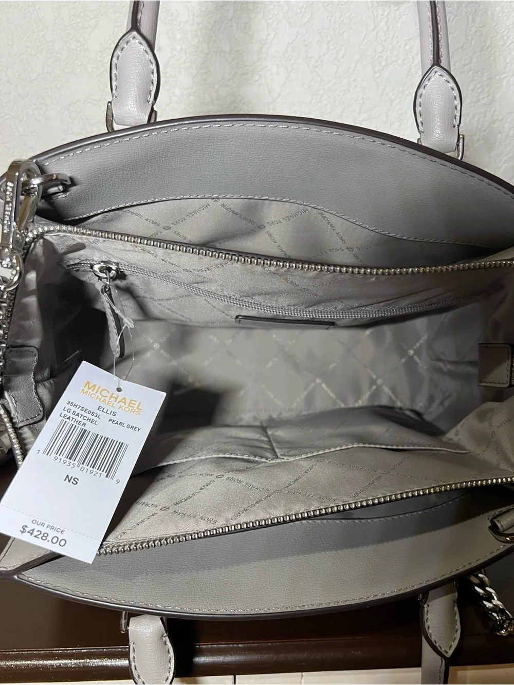 Michael Kors Light Grey Leather Satchel with Crossbody Strap